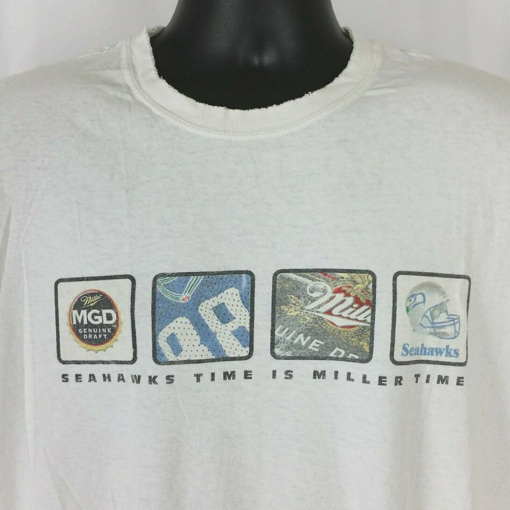 Seahawks Time is Miller Time Mens XL Tee Shirt White Football MGD Beer Short Slv